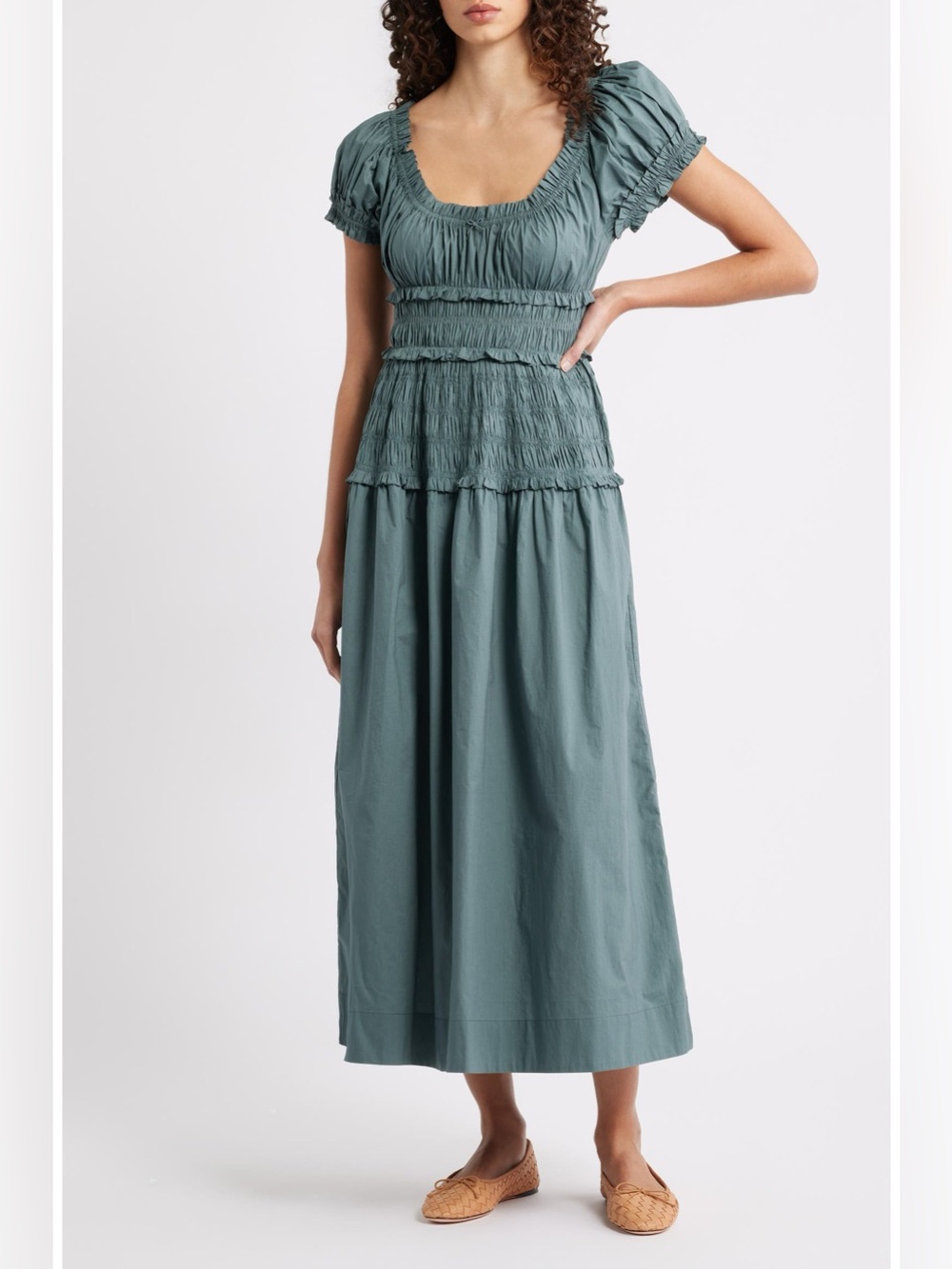 Doen Leanne Smock Waist Tiered Organic Cotton Dress in Lagoon S
